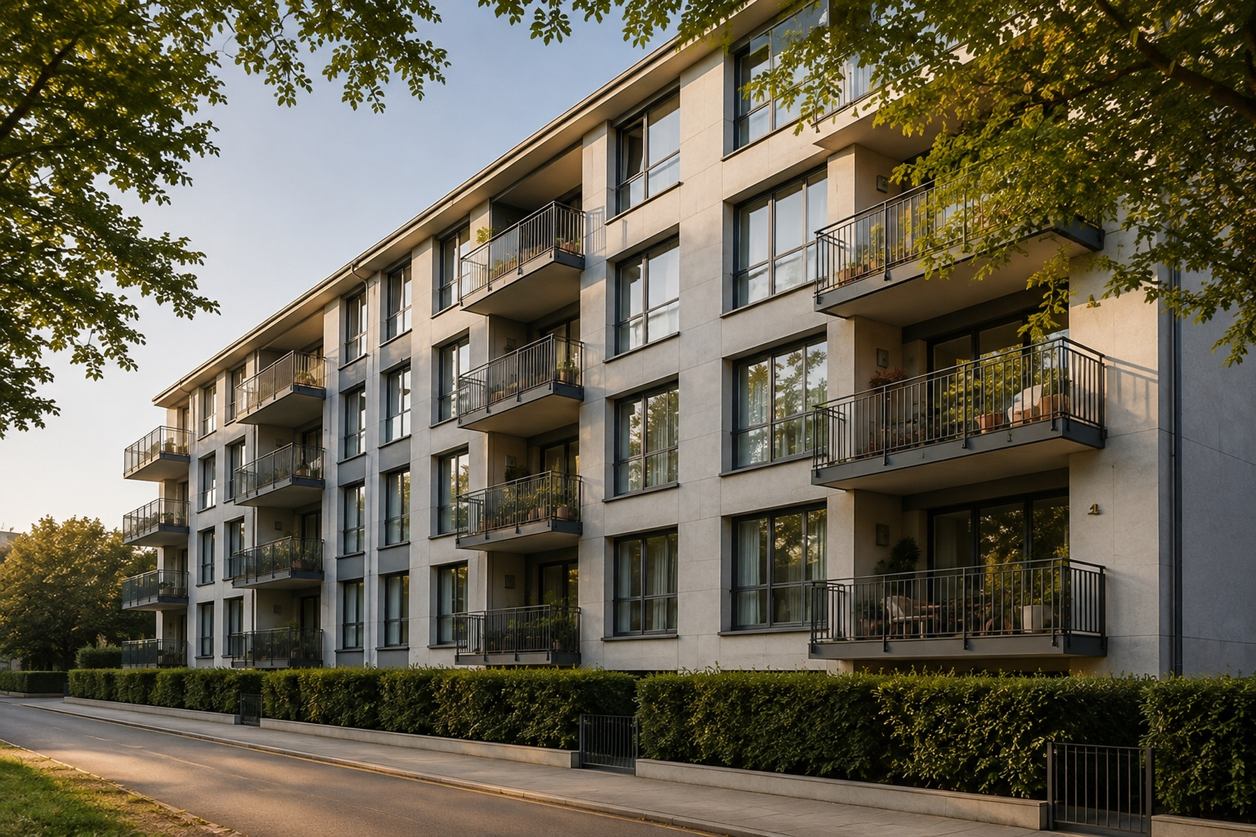 Mehrfamilienhaus mit Balkonen und Baumbestand