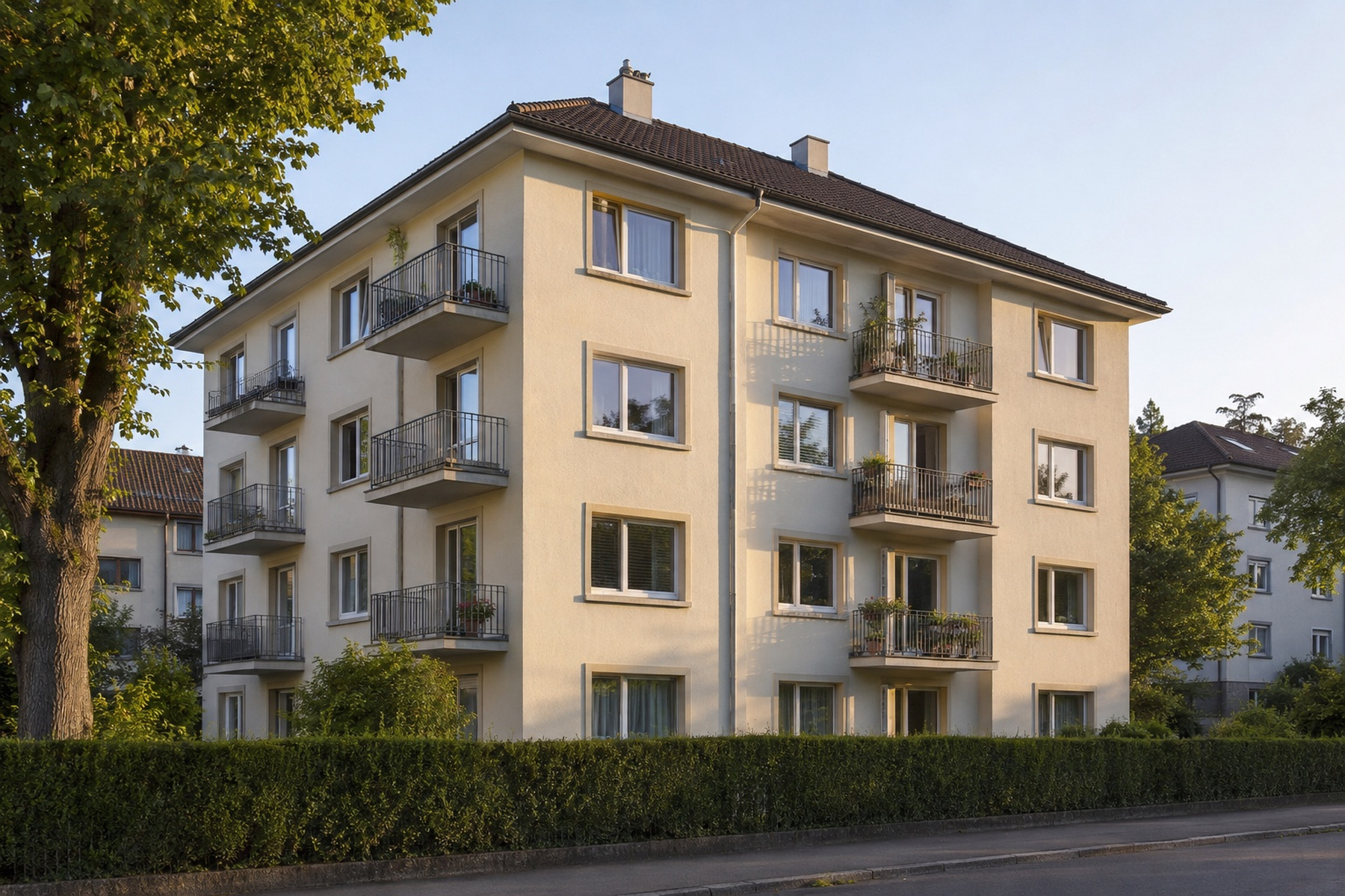 Zeitgemässes Mehrfamilienhaus mit Attikageschoss und jungen Bäumen